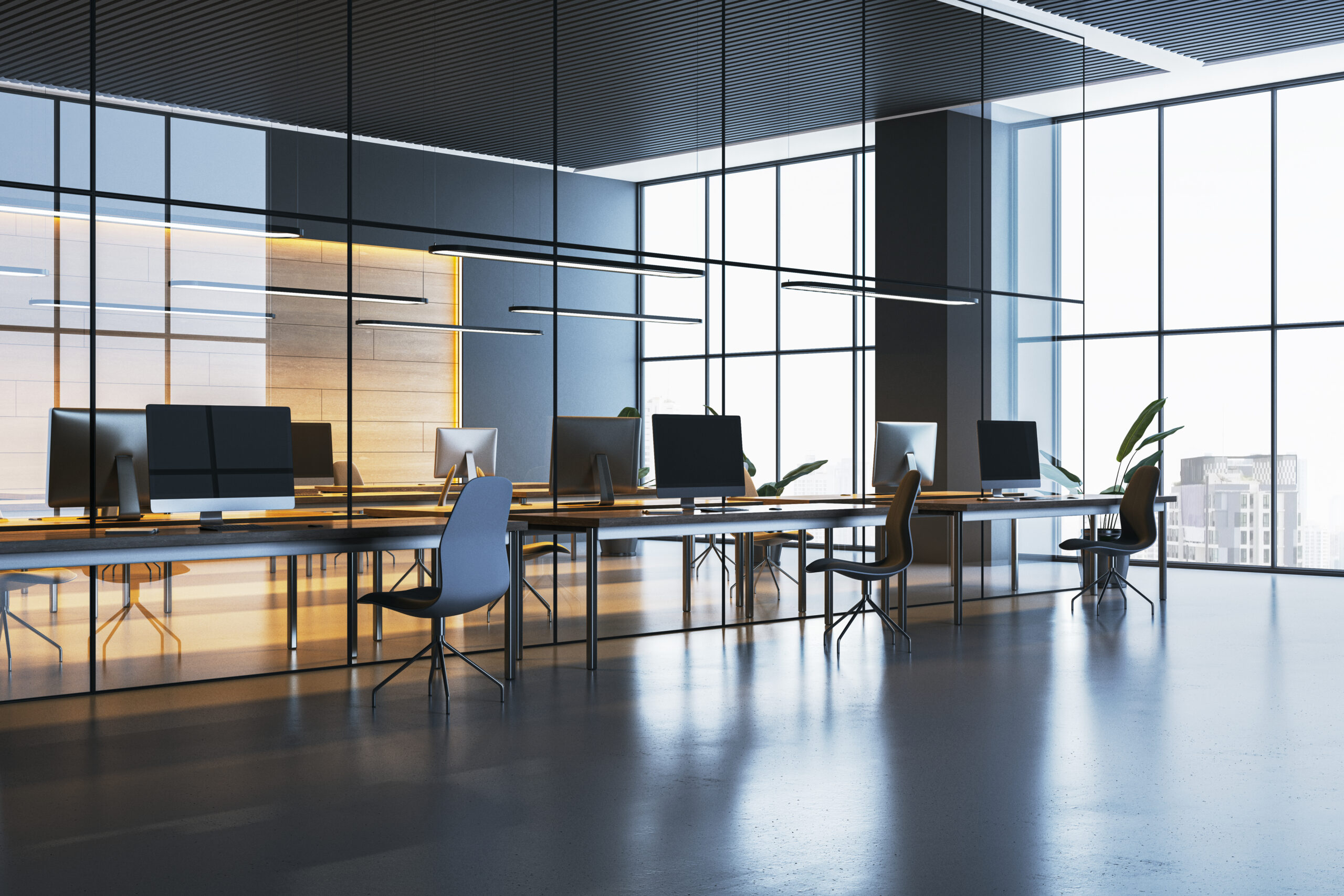 Contemporary office interior with modern desks, chairs, computers, and large glass windows, featuring black accents, urban workspace concept. 3D Rendering.